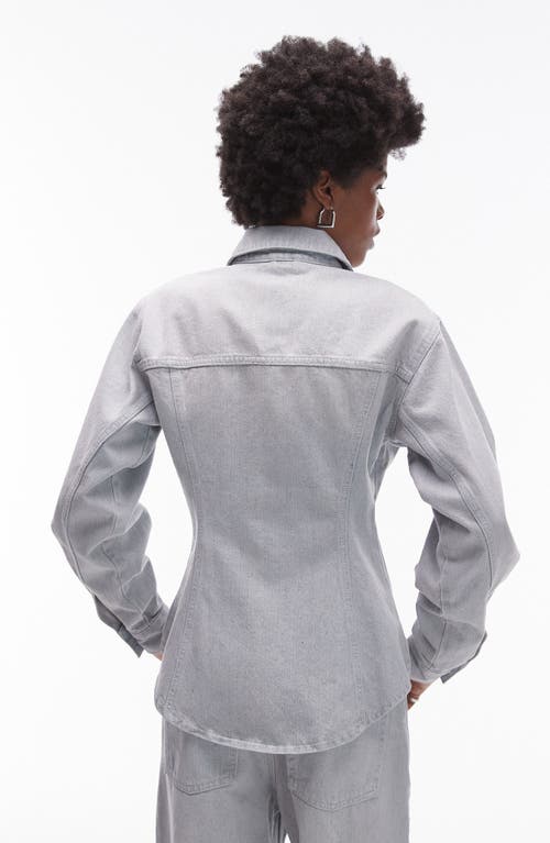 Topshop Cinch Waist Denim Button-up Shirt In Light Blue