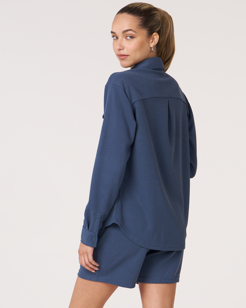 Shop Rebody Active Retreat Waffle Button Down Shirt In Navy