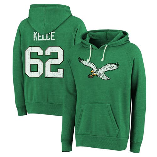 Men's Majestic Threads Jason Kelce Kelly Green Philadelphia Eagles Name & Number Tri-Blend Pullover Hoodie