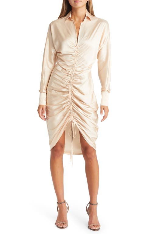 Area Stars Ruched Long Sleeve Satin Dress in Champagne