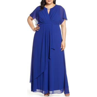 Plus Size Xscape Chiffon Faux Wrap Gown, Blue