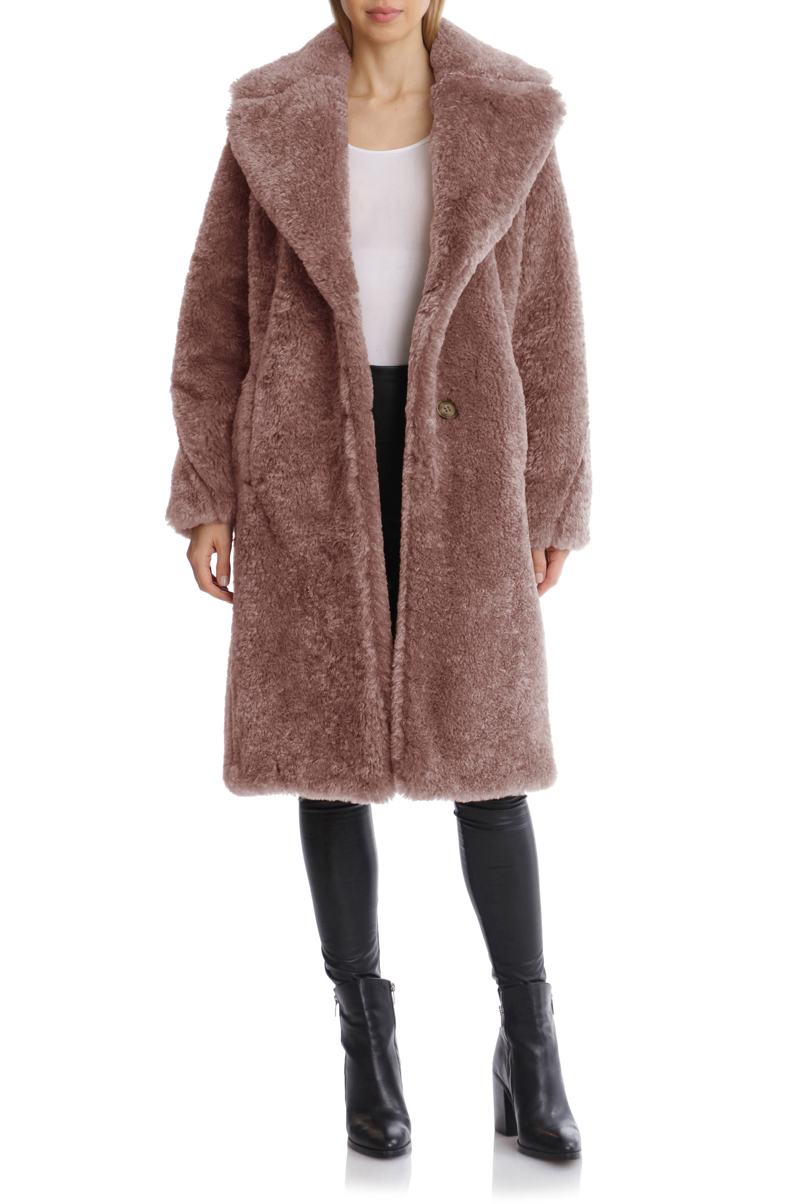 long pink faux fur coat