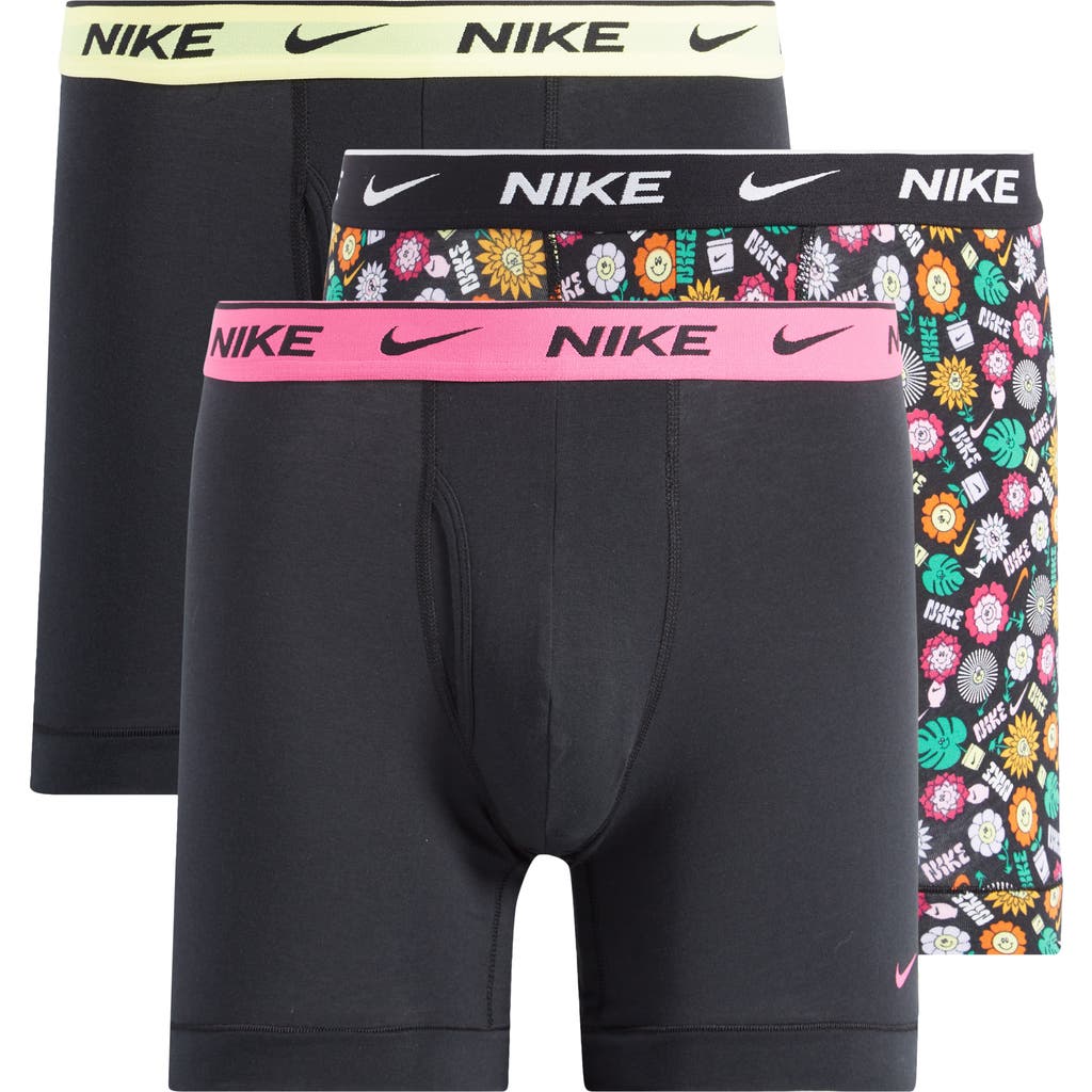 Nike Dri-fit Essential Assorted 3-pack Stretch Cotton Boxer Briefs In Awe Floral/black/orange