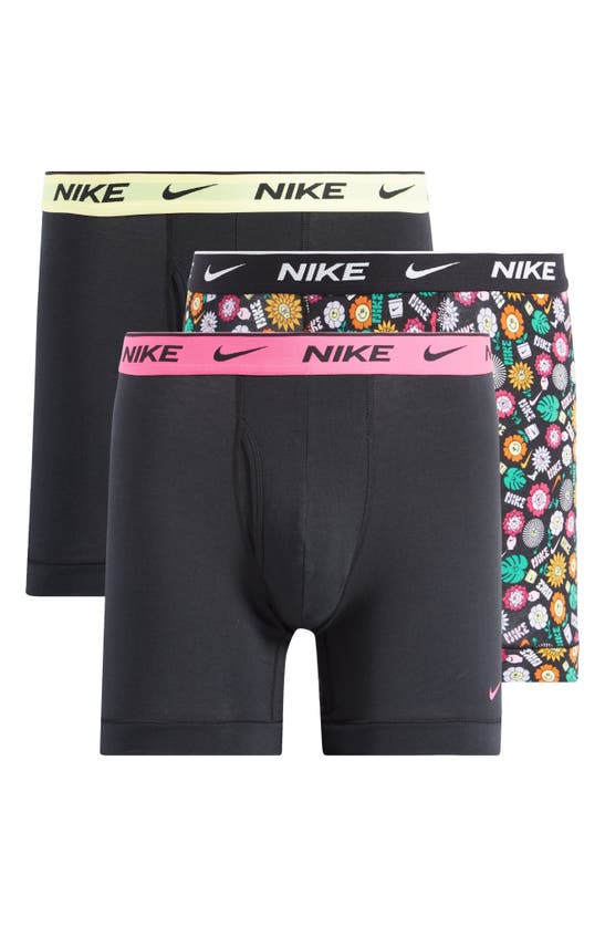 Shop Nike Dri-fit Essential Assorted 3-pack Stretch Cotton Boxer Briefs In Awe Floral/ Black / Orange
