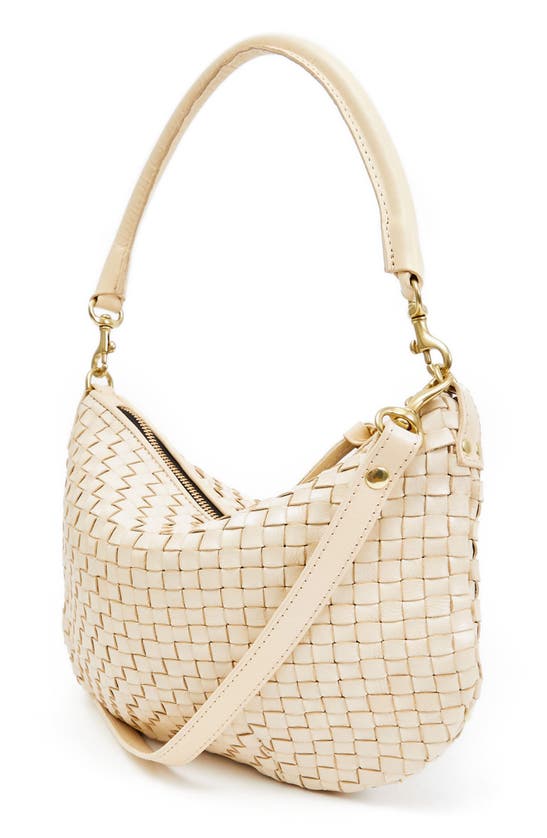 Shop Clare V Petit Moyen Woven Leather Messenger Bag In Cream Woven Checker