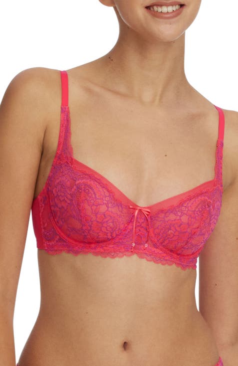  Womens Sexy Lace Bra Underwire Balconette Unlined Demi Sheer  Plus Size Bright Rose Dots 34B