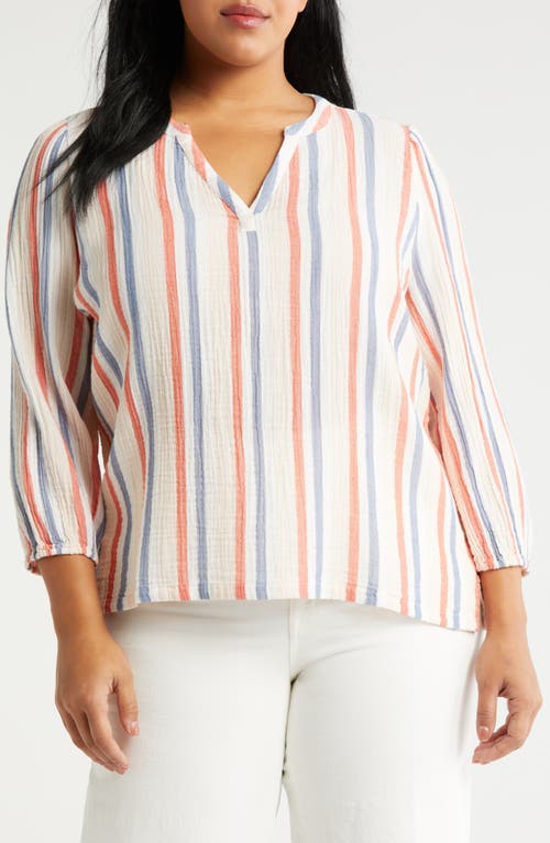 caslon(r) Long Sleeve Cotton Gauze Popover Top Ivory/Stripes at Nordstrom,