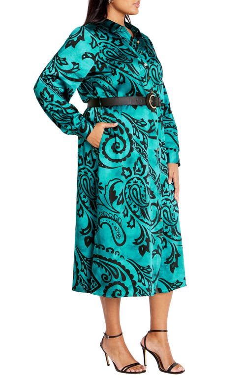 Shop City Chic Sienna Paisley Print Long Sleeve Shirtdress In Peacock Paisley