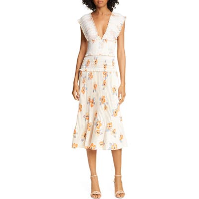 Nicholas Smocked Midi Dress, Orange