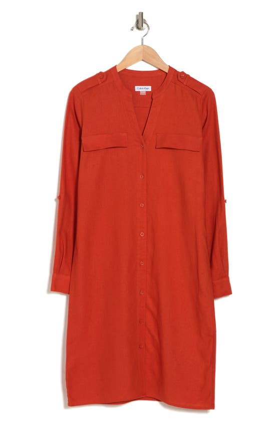 Shop Calvin Klein Front Button Long Sleeve Linen Blend Dress In Clay