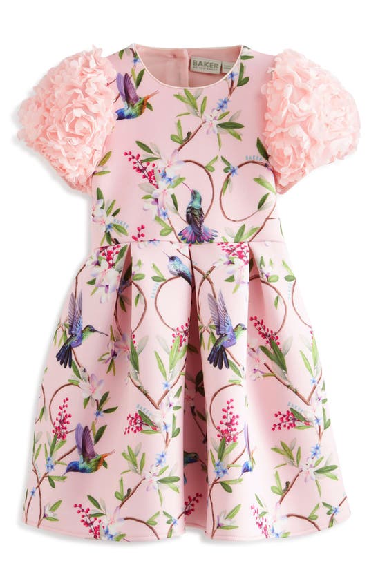 Shop Baker By Ted Baker Kids' 3d Floral Sleeve Scuba Dress In Pink