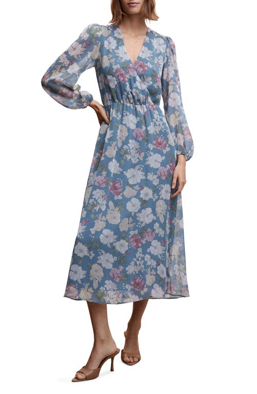 MANGO Floral Long Sleeve Chiffon Dress in Medium Blue at Nordstrom, Size 14