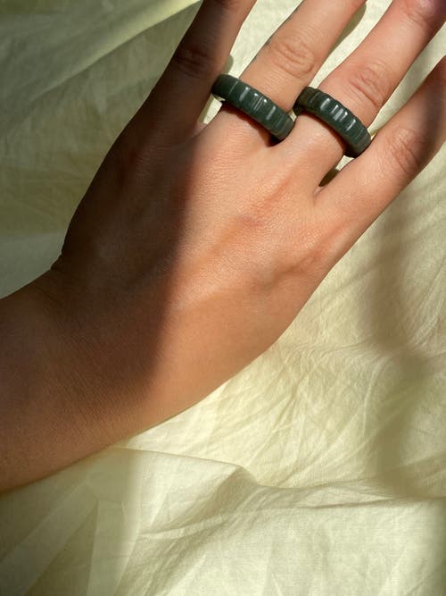Seree Sophia Skinny Ribbed Jade Ring In Dark Green