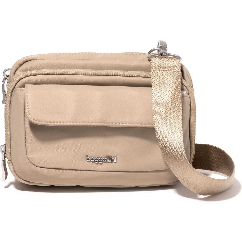 Baggallini Modern Double Zip Crossbody Bag In Taupe Twill
