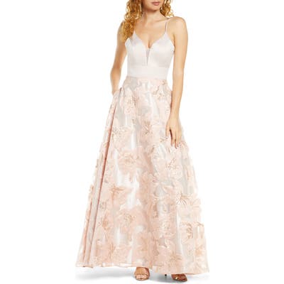 Sequin Hearts Metallic Floral Burnout Lace-Up Back Ballgown, Pink