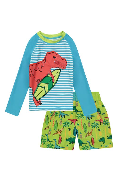 Andy & Evan Two-Piece Rashguard Swimsuit in Aqua Dino 