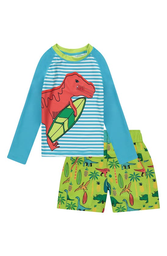 Shop Andy & Evan Two-piece Rashguard Swimsuit In Aqua Dino