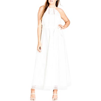 Plus Size City Chic Lace Trim Swiss Dot Halter Maxi Dress, Ivory
