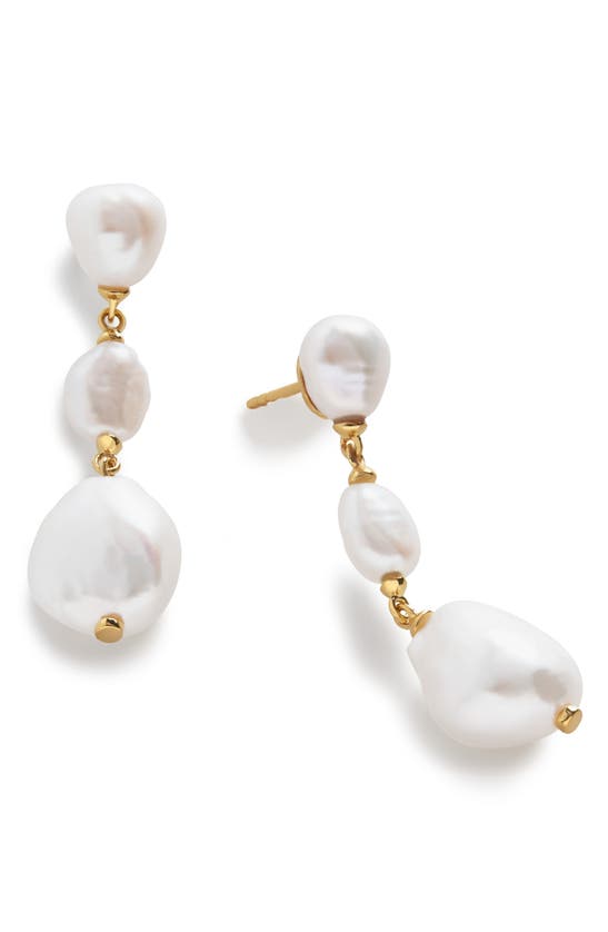 Shop Monica Vinader Nura Reef Triple Freshwater Pearl Drop Earrings In 18ct Gold Vermeil / Pearl