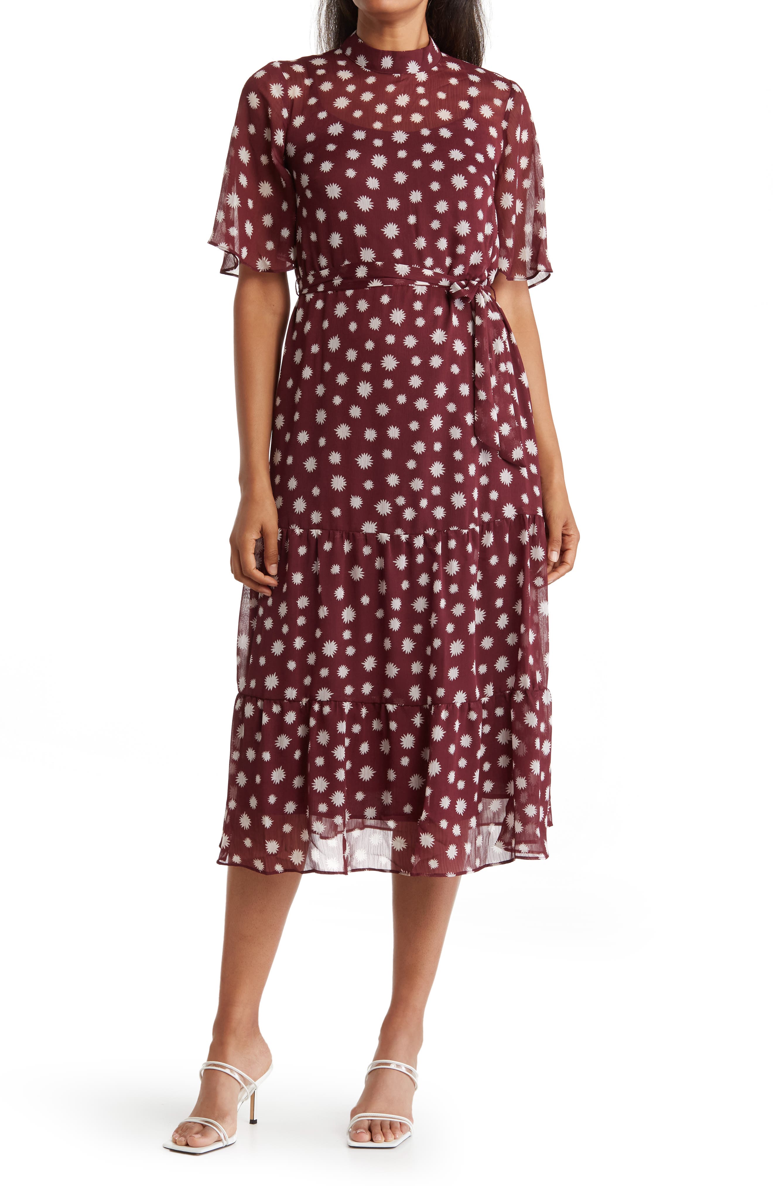 Maggy London Illusion Flutter Sleeve Maxi Dress in Wine/Cream at Nordstrom Rack, Size 2