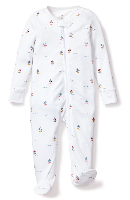 Petite Plume Sailboat Print Pima Cotton Footie In White