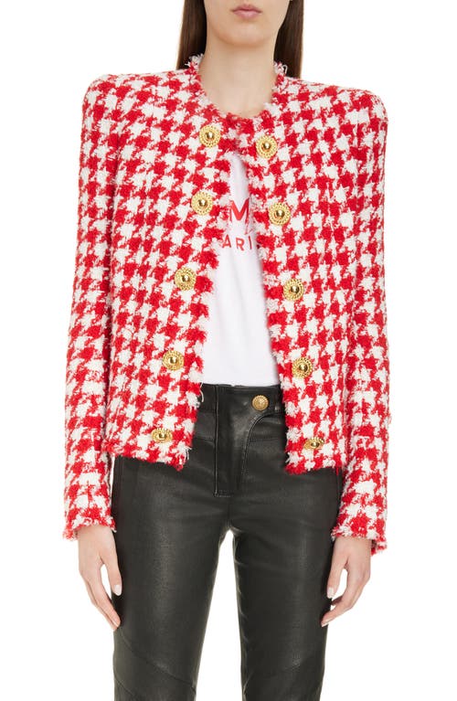 Balmain Houndstooth Tweed Collarless Jacket in Mai Red/White at Nordstrom, Size 12 Us