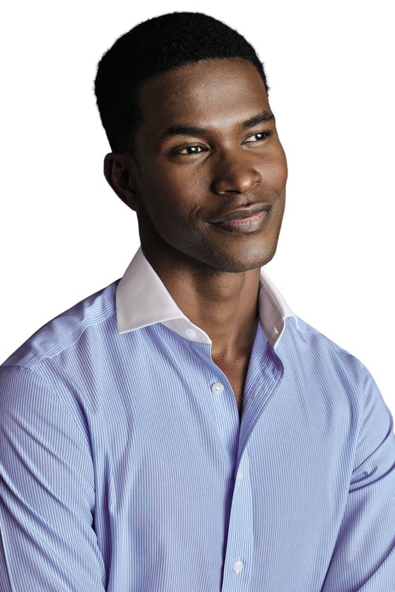 Shop Charles Tyrwhitt Winchester Bengal Stripe Non-iron Poplin Slim Fit Shirt Single Cuff In Sky Blue