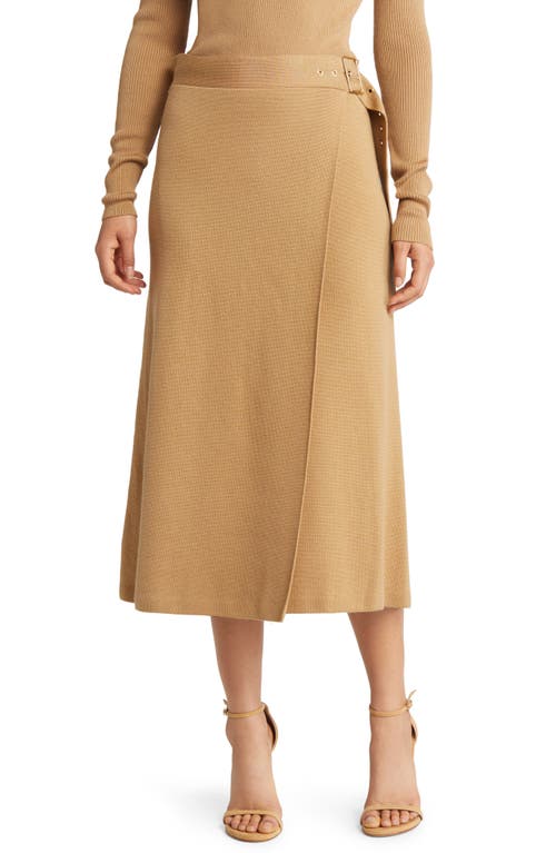 BOSS Franka Belted Virgin Wool A-Line Skirt in Iconic Camel