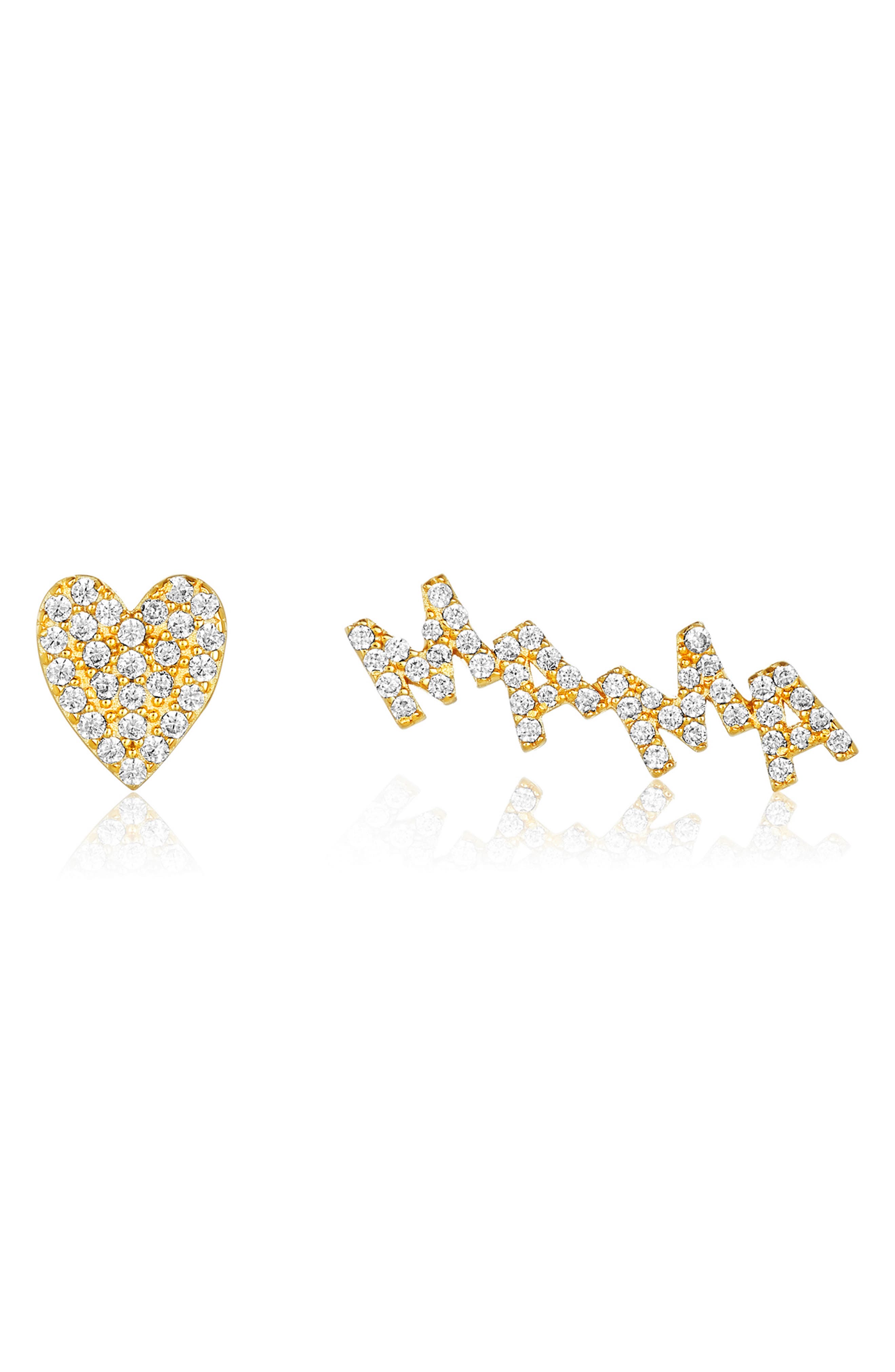 ADORNIA 14K GOLD PLATED PAVE SWAROVSKI CRYSTAL MISMATCHED HEART & MAMA STUD EARRINGS,791109046319
