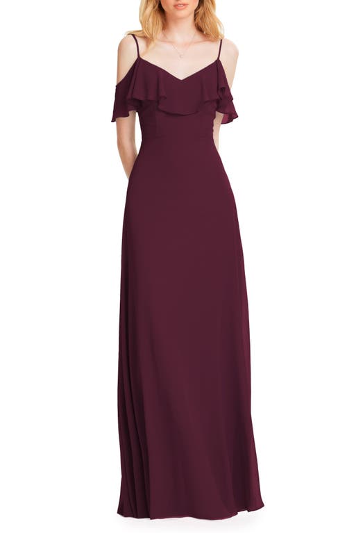 #Levkoff Ruffle Shoulder Chiffon Gown in Wine