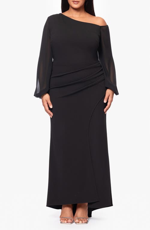 Betsy & Adam Plus Size Asymmetric Long-sleeve Gown In Black
