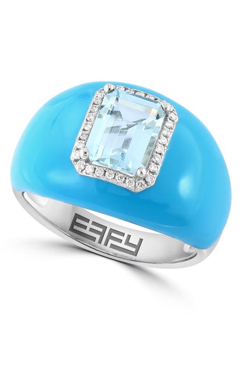 14K White Gold & Blue Enamel Aquamarine Diamond Halo Ring - 0.09 ctw. - Size 7