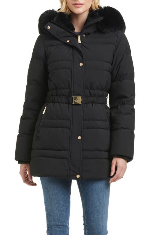 Kate Spade New York Belted Short Puffer Jacket With Removable Faux Fur Trim In Black