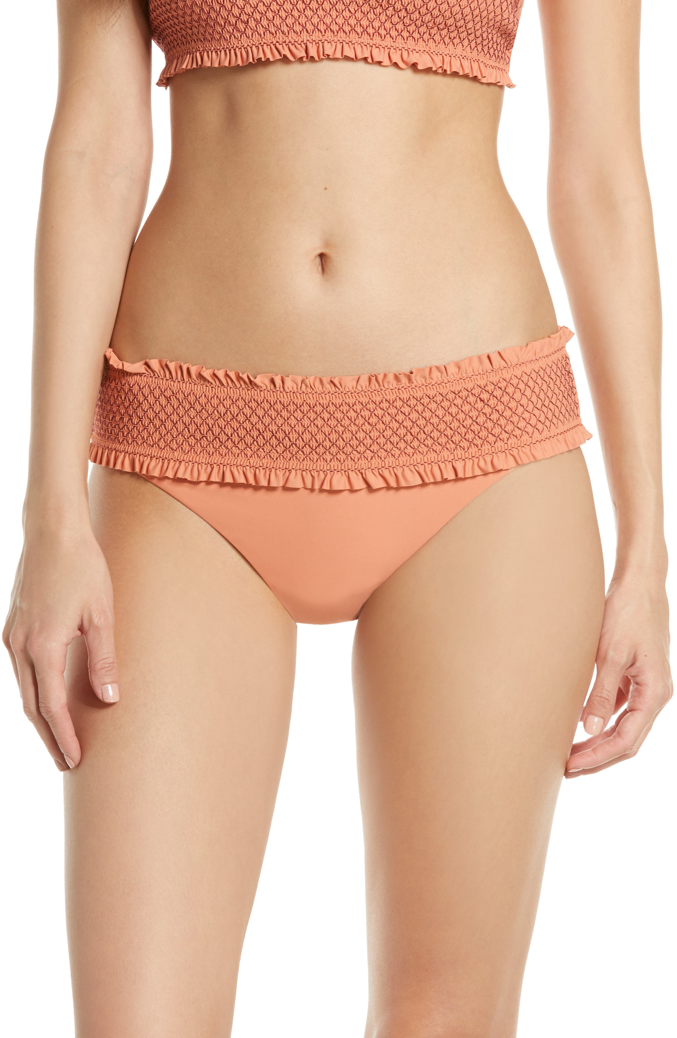 Chelsea28 Smocked Hipster Bikini Bottoms, Coral