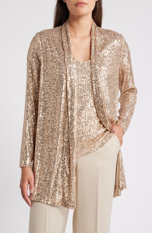 Shop Anne Klein Sequin Draped Open Front Cardigan In Luxe Champagne