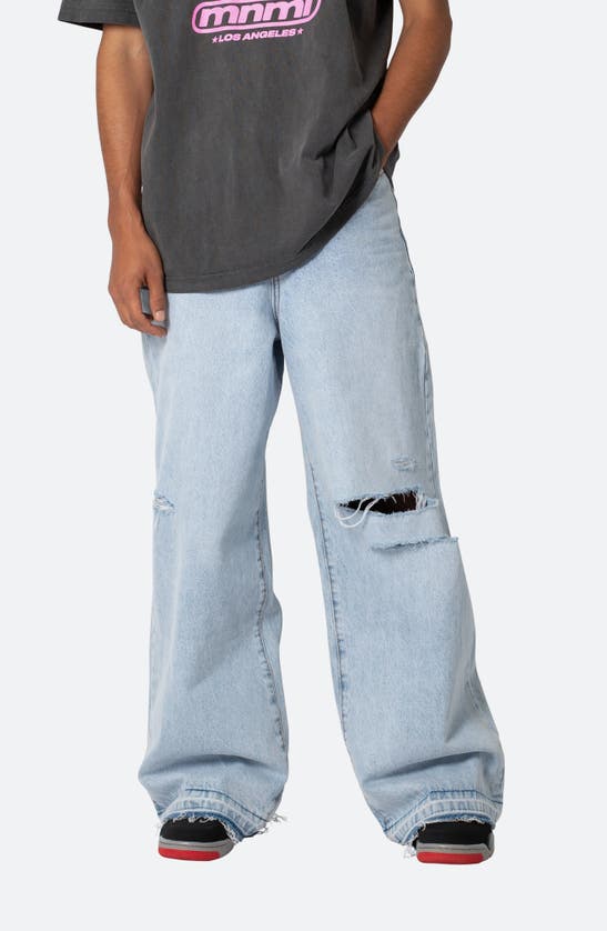 Shop Mnml Baggy Rave Ripped Wide Leg Jeans In Light Blue