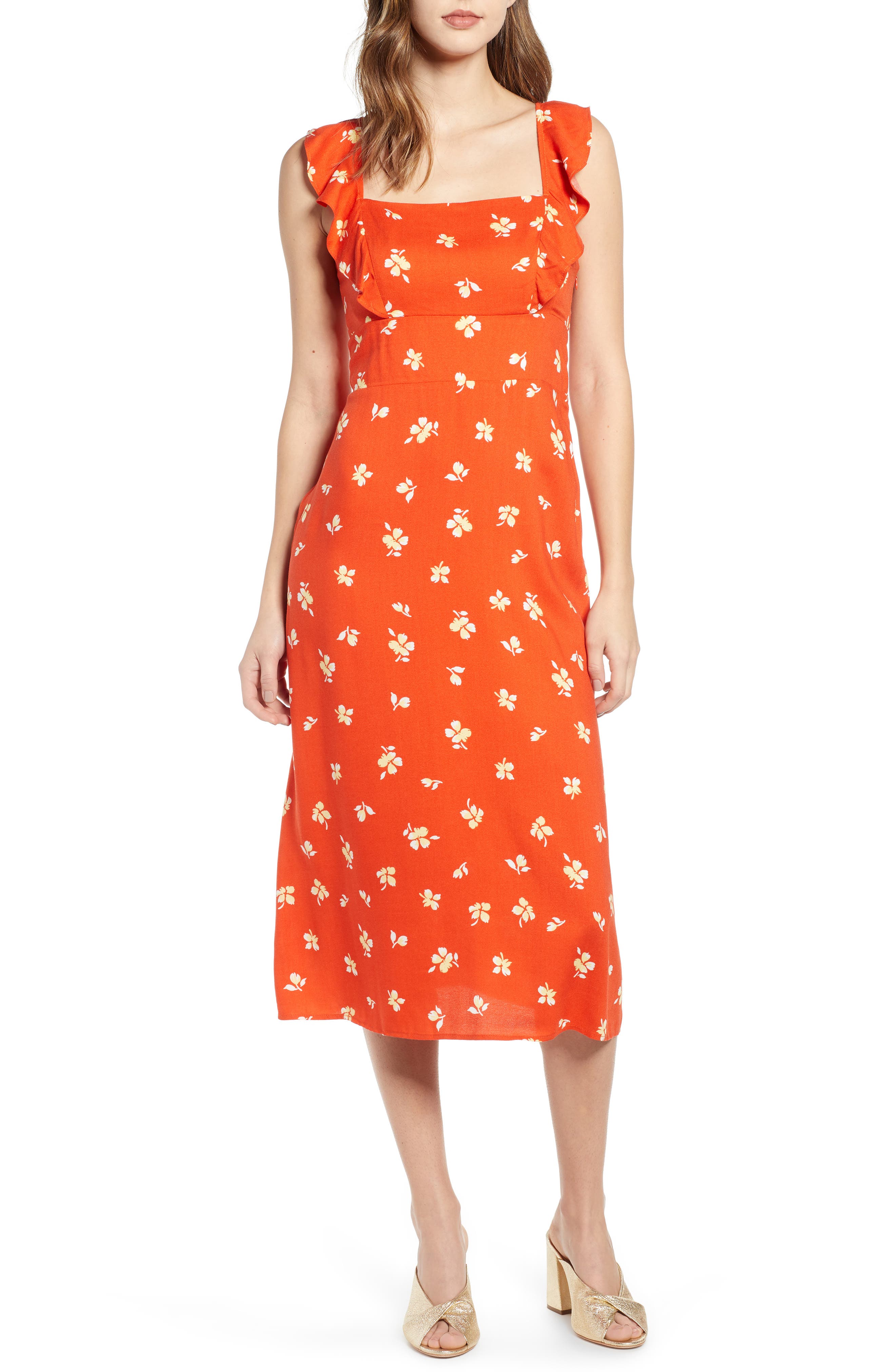 Leith Ruffle Front Square Neck Midi Dress, Orange