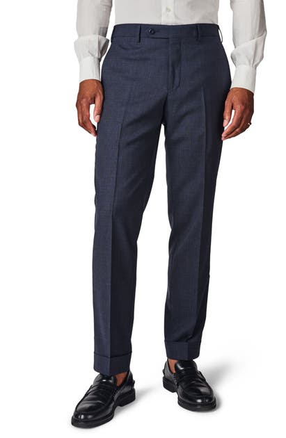 Zanella Curtis Flat Front Solid Stretch Wool Trousers In Navy Melange