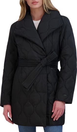 Tahari Women's Belted Asymmetrical Quilted Coat, Black, M