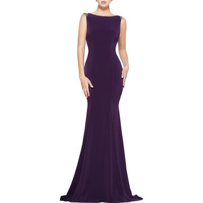 Marsoni Crystal Trim Crepe Trumpet Gown, Purple