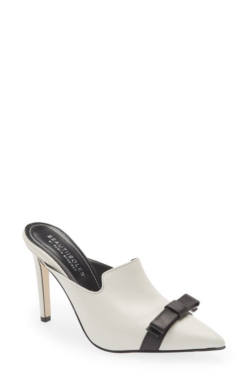 BEAUTIISOLES Lisa Pointed Toe Mule in Off White Leather W Black Bow