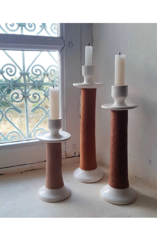 Alcantara-frederic Alcantara Frederic Leather Wrapped Candle Holder In White