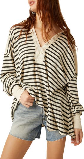 Free People All For You Stripe Long Sleeve Rib Polo Shirt | Nordstromrack