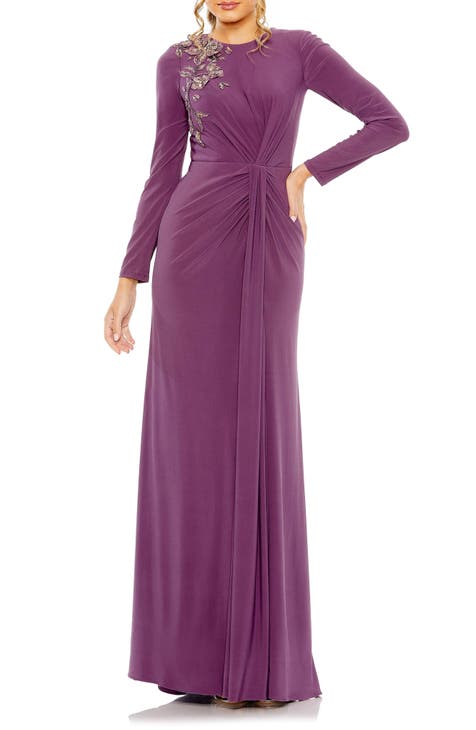 Embellished Long Sleeve Jersey Gown