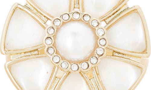 Shop Covet Imitation Pearl & Cz Flower Cocktail Ring In Gold/white