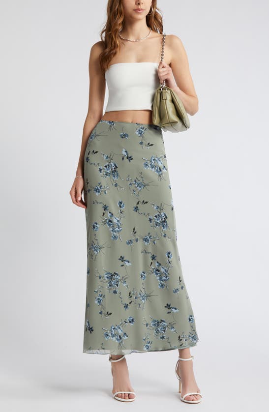 Shop Open Edit Chiffon Maxi Skirt In Green- Blue Smudge Floral