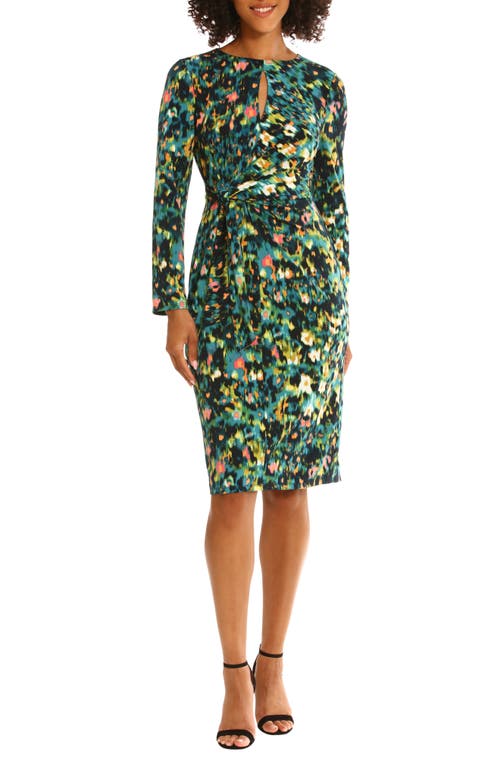 Maggy London Abstract Print Keyhole Tie Waist Sheath Dress in Navy/Teal