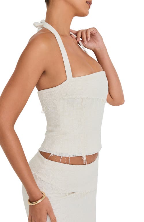 Mistress Rocks Fray Tweed Halter Top In Taupe