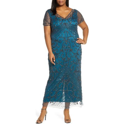 Plus Size Pisarro Nights Beaded Mesh Gown, Blue