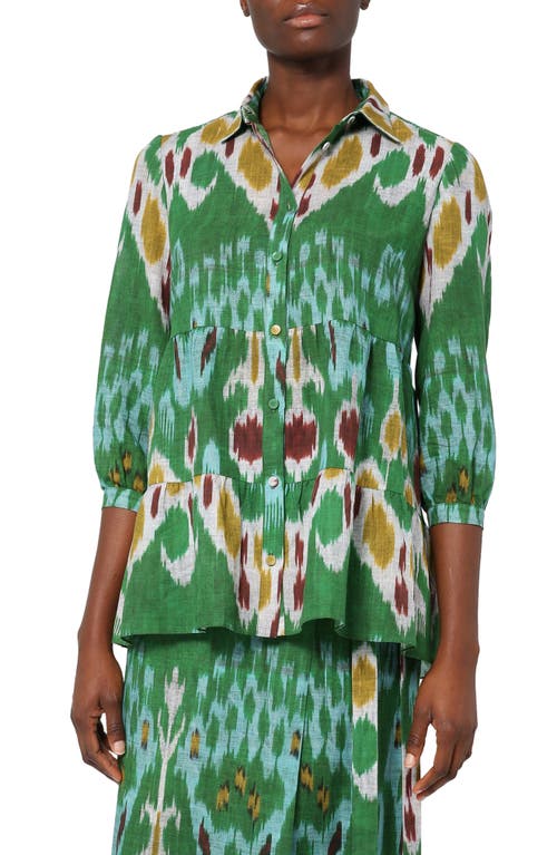 Erdem Despina Ikat Print Cotton & Linen Button-Up Blouse in Green